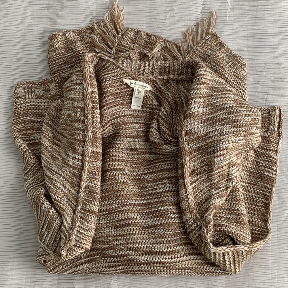 LINDA ANDERSON Women’s Tan/Ivory Fringe Sweater Knit Kimono‎ Oversized S-L - Picture 7 of 15